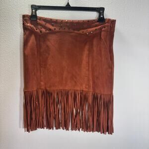 Idyllwind Fringe Mini Skirt S Brown Suede Look Studded Western Boho Cowgirl